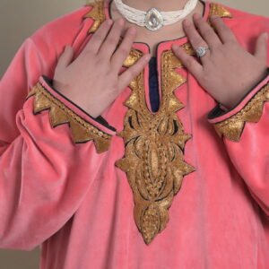 Cotton velvet Pheran with fine machine Tilla (Peach)