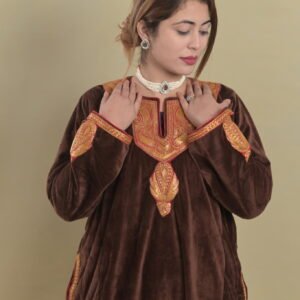 Cotton velvet Pheran with fine machine Tilla (Brown)