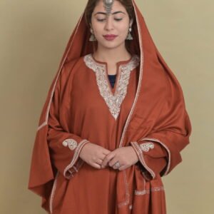 Handcrafted Tilla 3 Woolen Pheran with pant and stole (Rust)